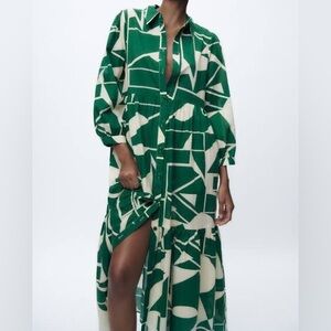 Zara Green and Cream Abstract Long Sleeve Dress